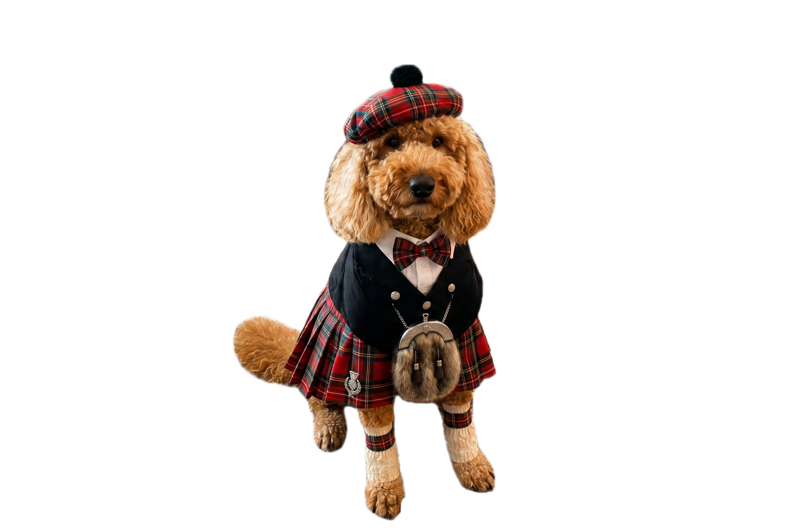 Prince the dog in a kilt