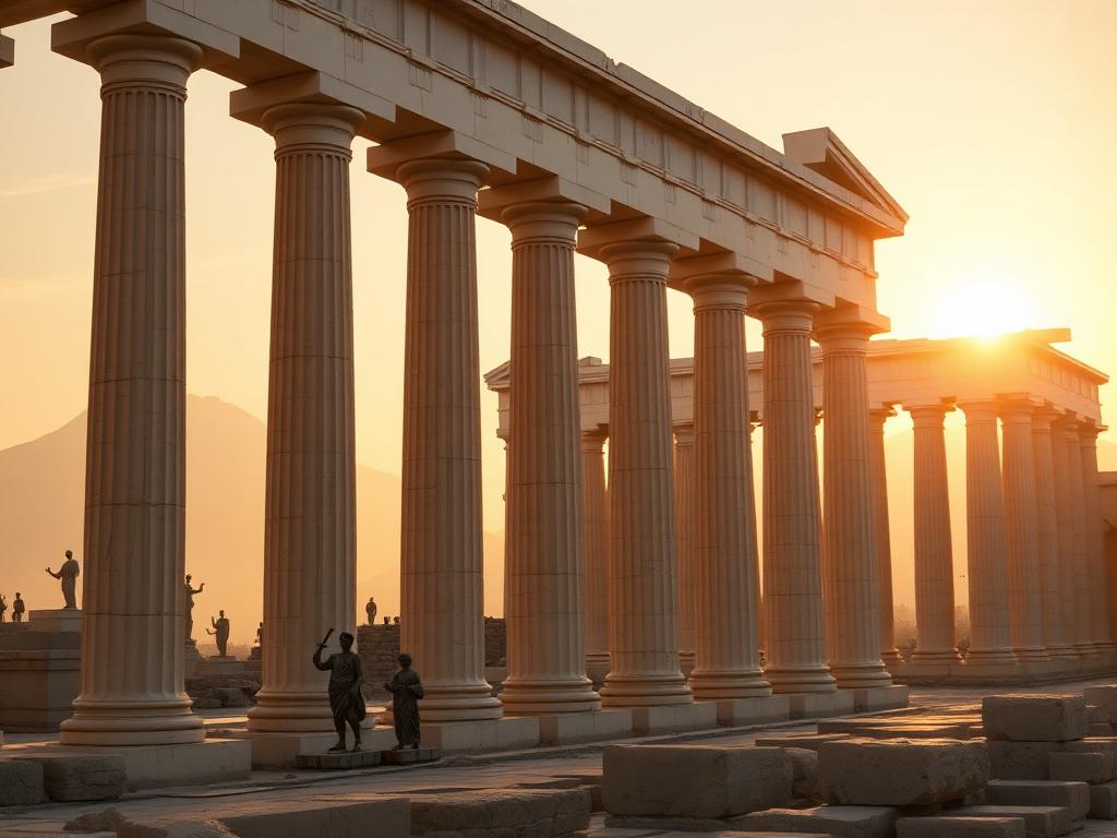 Ancient Greek temple columns with gods silhouettes at sunset