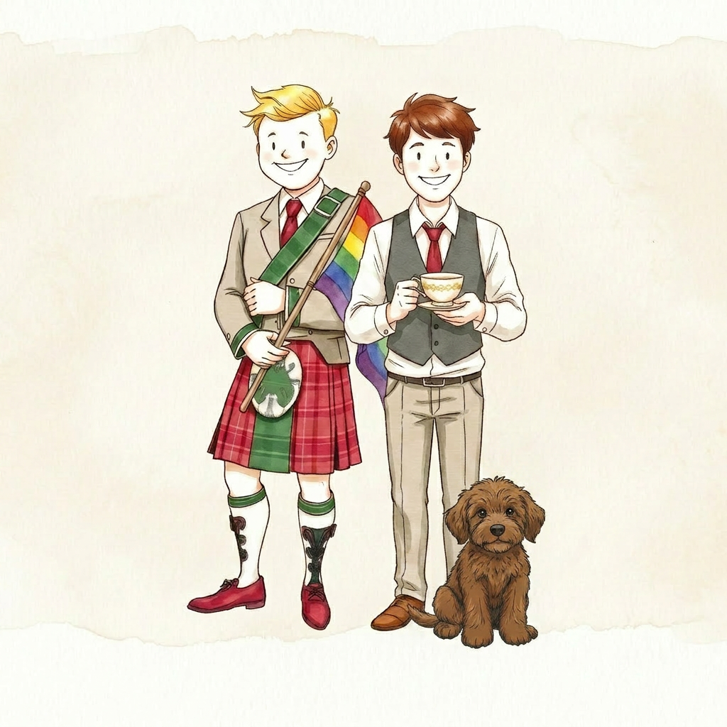 Hand-drawn sketch of a blonde groom in a kilt beside a dark-haired groom sipping tea with a brown groodle dog at his feet