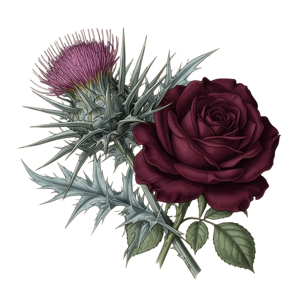Botanical illustration of a Scottish thistle and an English rose entwined